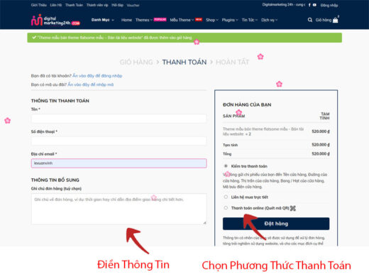Bước 2 điền thông tin và chọn phương thức thanh toán