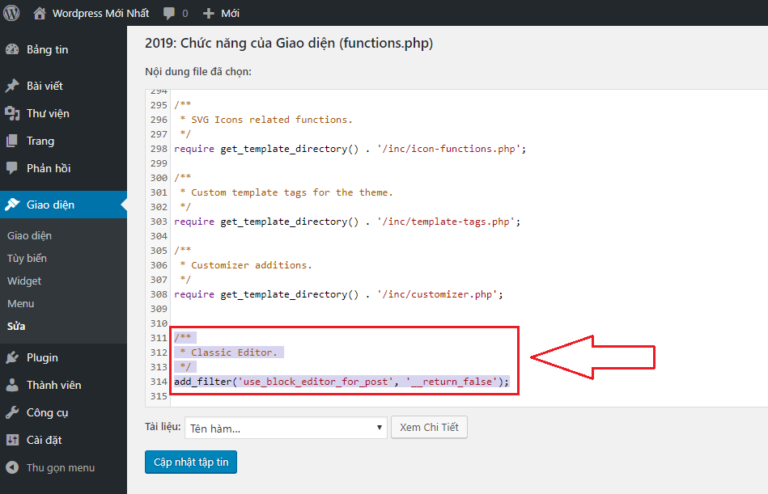 Chèn code vào functions.php