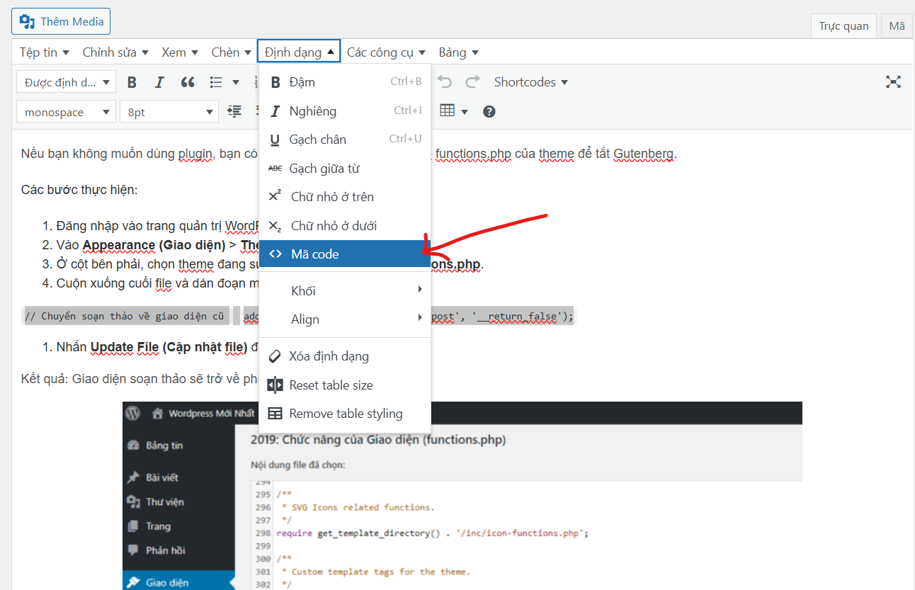 Thêm code vào trình soạn thảo wordpress