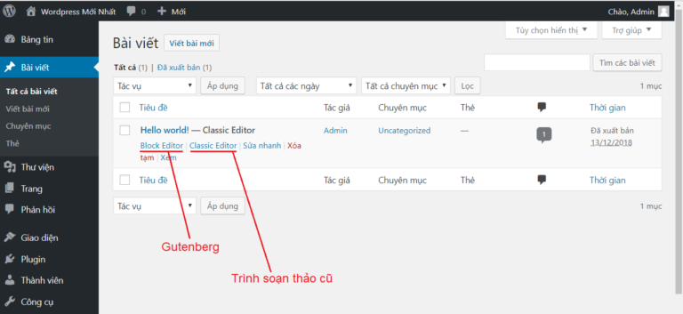Chọn giữa Block Editor (Gutenberg) hoặc Classic Editor