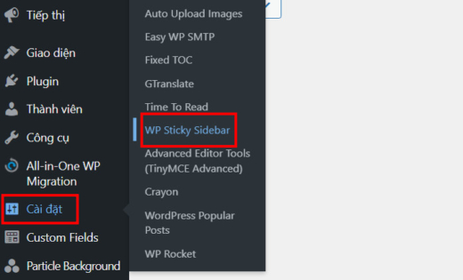 Cài đặt → WP Sticky Sidebar